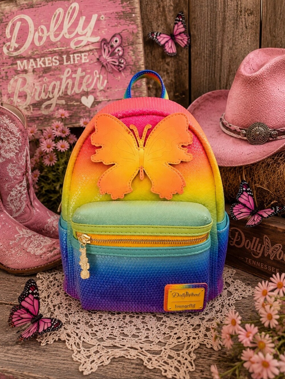 Dolly Parton Loungefly Dollywood Rainbow Butterfly Sequin Mini Backpack NWT
